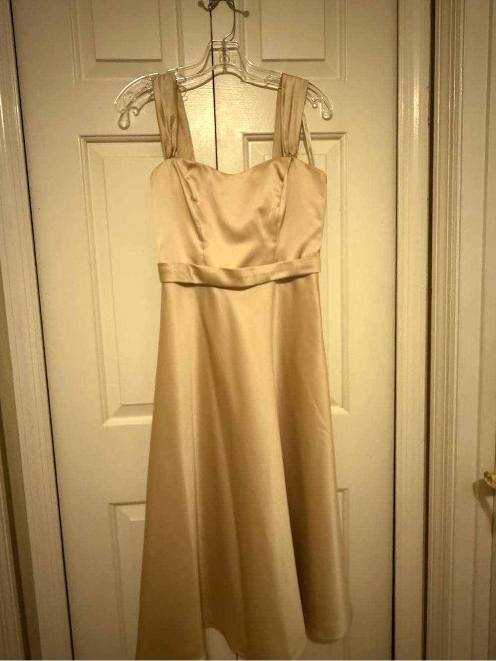 David's Bridal Champagne Satin Square-Neck Midi Dress